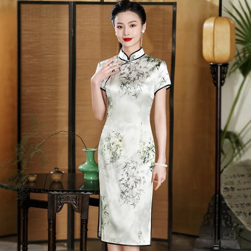 Quality Real Silk Cheongsam Qipao Women's Summer Improvement High-End Dress Chinese Style Chi-Pao