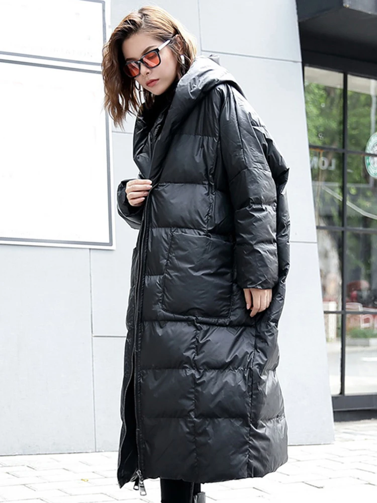 [EAM] 2024 neue Winter Mit Kapuze Lange Ärmel Einfarbig Schwarz Baumwolle gefütterte Warme Lose Große Größe Jacke Frauen parkas Mode JD12101