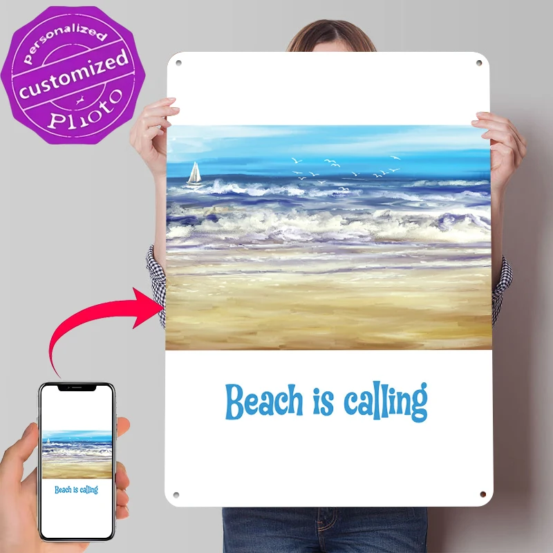 Beach Is Calling Peaceful Ocean Horizon Metal Poster Customized Wall Art Retro Vintage Metal Signs for Man Cave Bar Accessories