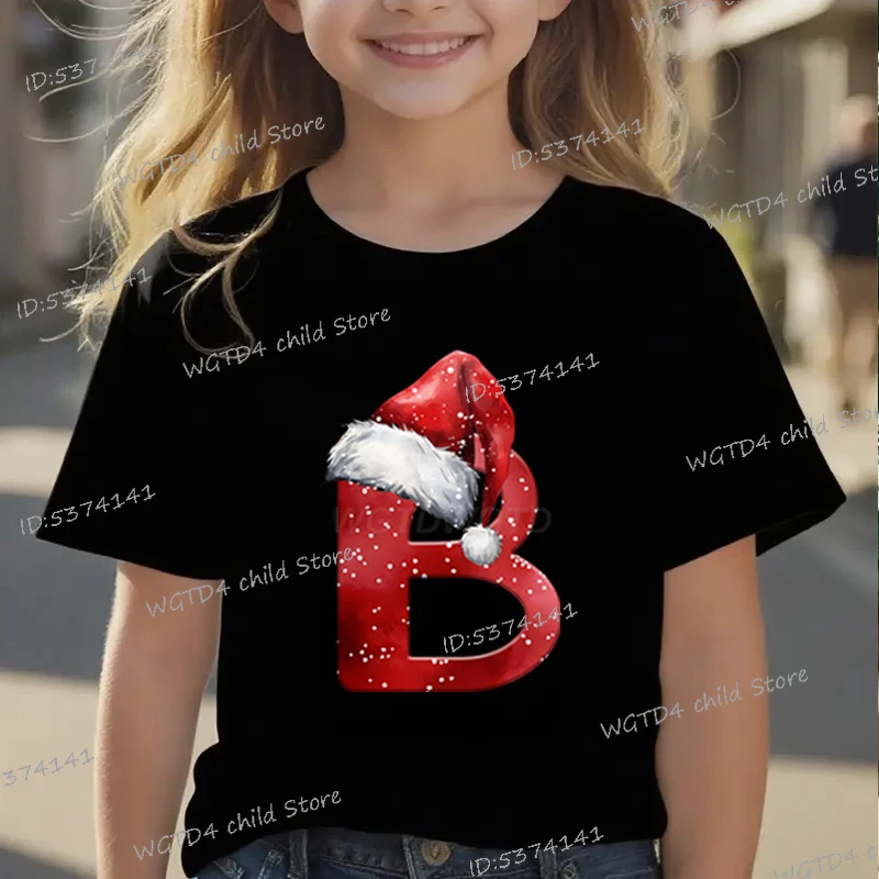 الفتيات الفتيان عيد الميلاد 26 الأبجدية سانتا قبعة تي شيرت مطبوع خطابات ABC D لينة القطن تي شيرت احتفالي الاطفال عيد الميلاد الملابس #3