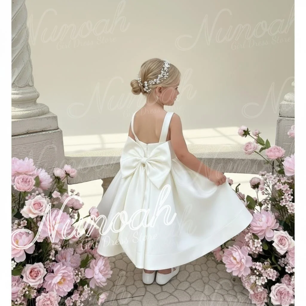 White Flower Girl Dresses for Wedding with Bow Backless Suspenders Baptism Formal Gowns Girl First Communion Gowns Customized