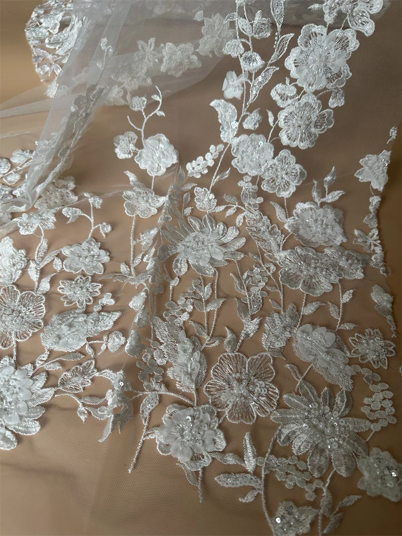 

African SYJ-13086810 beads Lace Fabric HIgh Quality French Sequined Mesh Lace Fabric for Sewing Luxury Wedding Party Dress