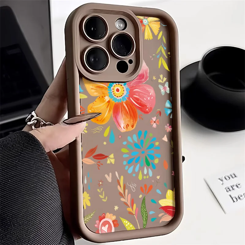 Flower Phone Case for iPhone 13 11 15 Pro Max 14 Plus 12 XR X XS 7 8 SE 13pro 15pro Liquid Silicon Solid Color Funda Cover Coque