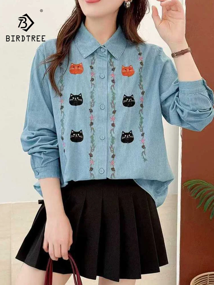 

New 2025 Autumn Long Sleeve Denim Shirt, Women Turn-down Collar Cat Embroidery, Mori Girl French Sweet INS Loose Blouse T59753CC