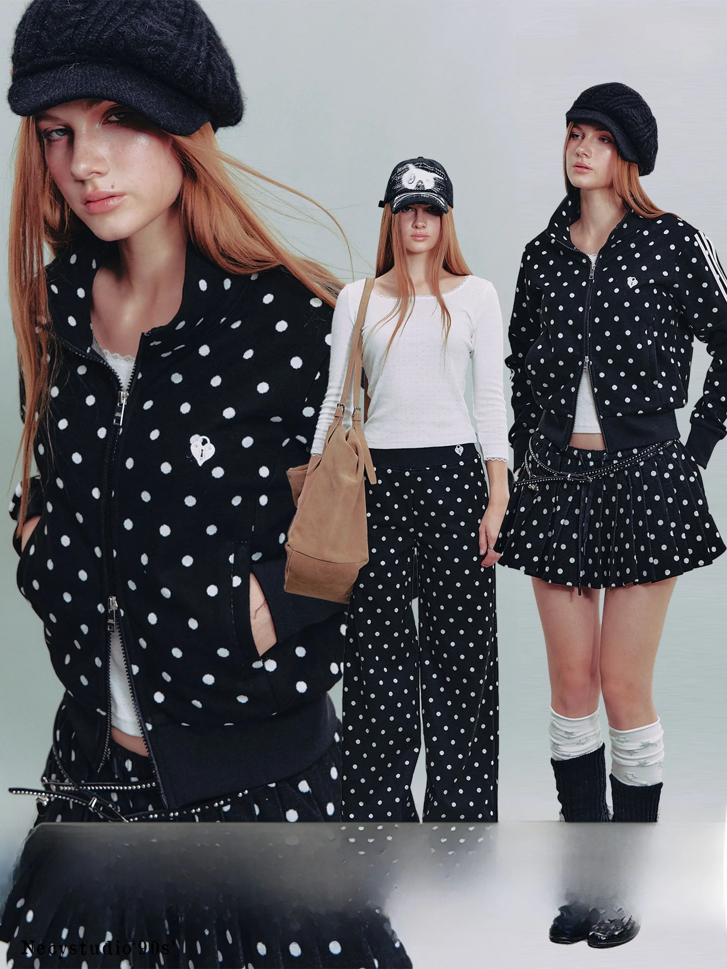 

NECY Women's Autumn Outfit Casual Long Pants Gingham Skirt Set Double Bar Dot Print Open Cardigan Zipper Design Fashion Set