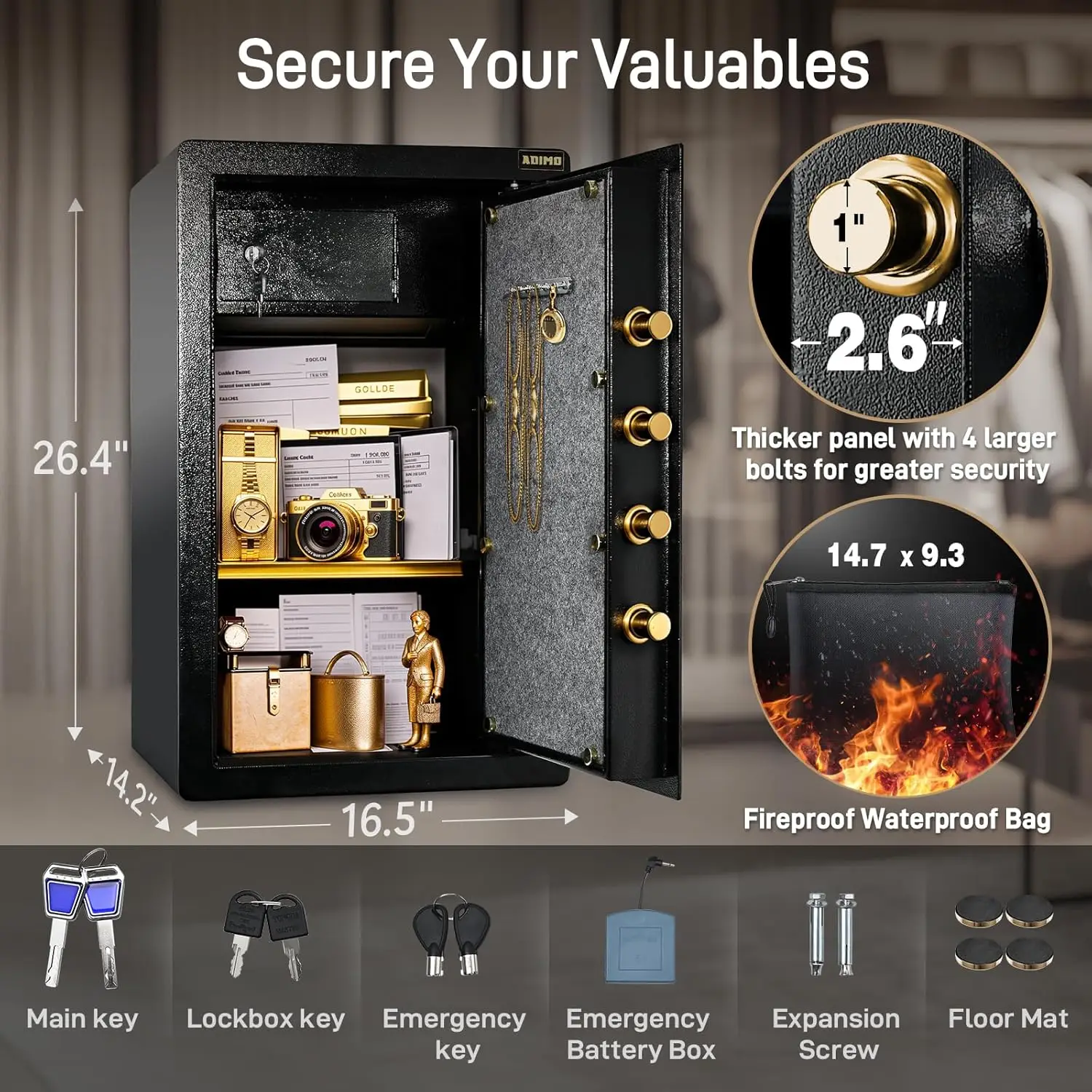 صندوق الأمان، 3.6 أقدام كبيرة شديدة التحمل، آمن للمنزل مع خزانة قابلة للقفل وحقيبة نقود مقاومة للحريق، ولوحة مفاتيح رقمية ومفتاح مزدوج