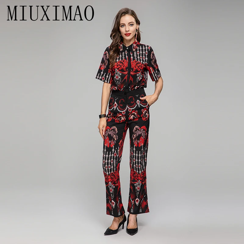 MIUXIMAO 2023 autunno Dress Diamond collar elegante Set manica corta con stampa floreale camicia + pantaloni moda due pezzi Set donna Vestides