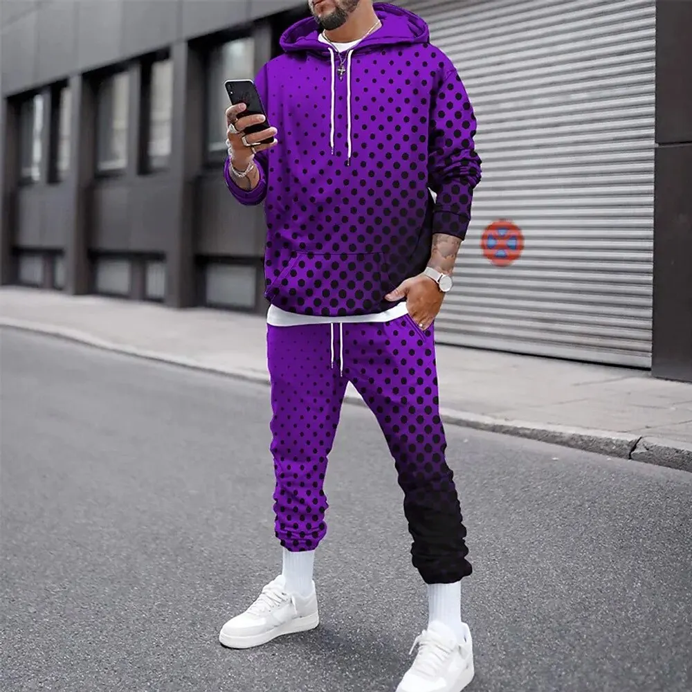 Grappige 3D Polka Dot Print Heren Hoodies Set Herfst Winter Casual Sweatshirt Joggingbroek 2-delige Mode Losse Straat Kleding Pak