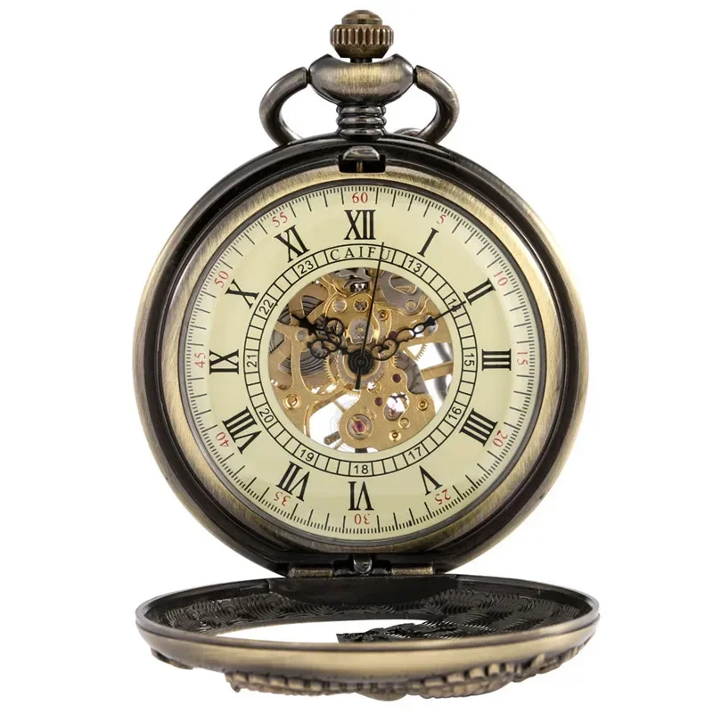 Steampunk Hollow Out Dragon Half Hunter Clock Hand Wind Mechanical Skeleton Pocket Watch for Men Women Pendant Chain Timepiece