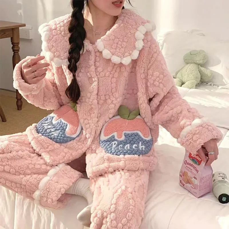 Coral Fleece Pajama Sets Women Winter Warm Sleepwear Long Sleeve Trouser Thick Loungewear Korean Kawaii Clothes Pijamas