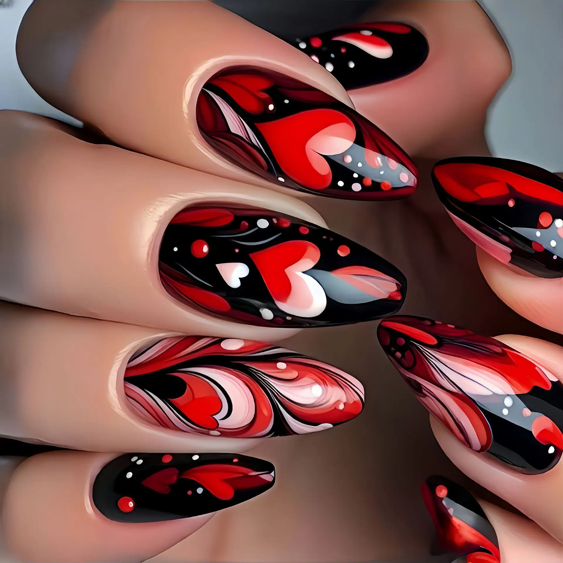 

24PCS Spice Girls Red Heart French False Nails with Glue Fashionable Stripes Ballet Press on Nails Valentine's Coffin Fake Nails