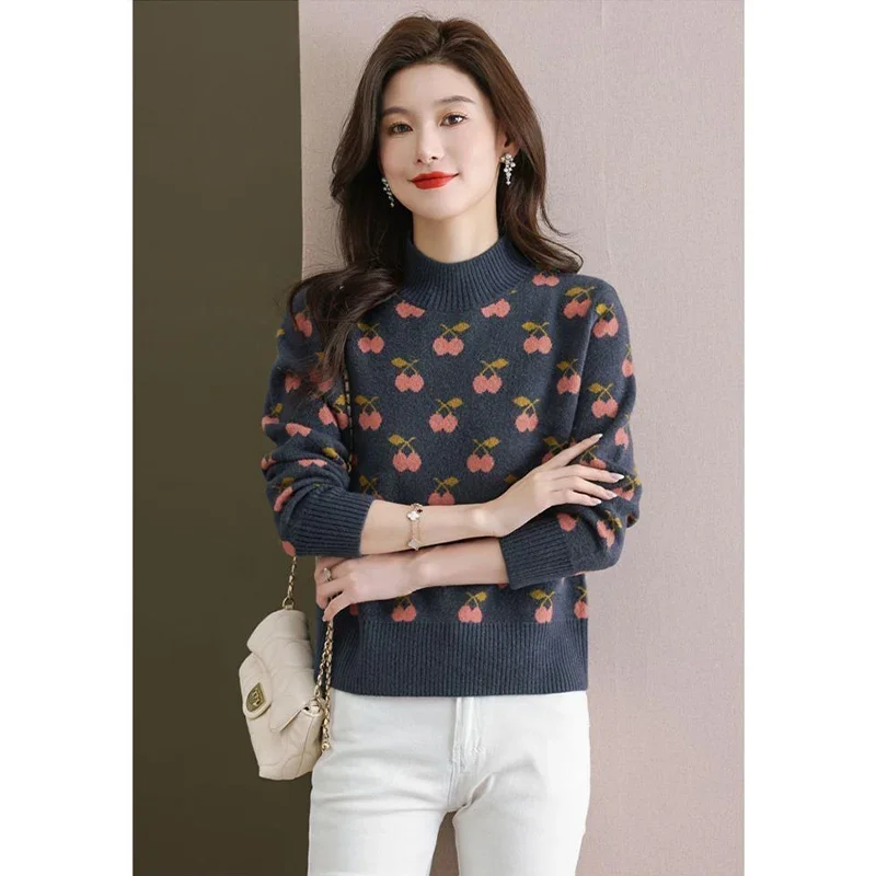 Women Clothing High-quality Wool Sweater Half High Collar Jacquard Knit Casual Loose Tops Female Winter Simple Fashion Jumper