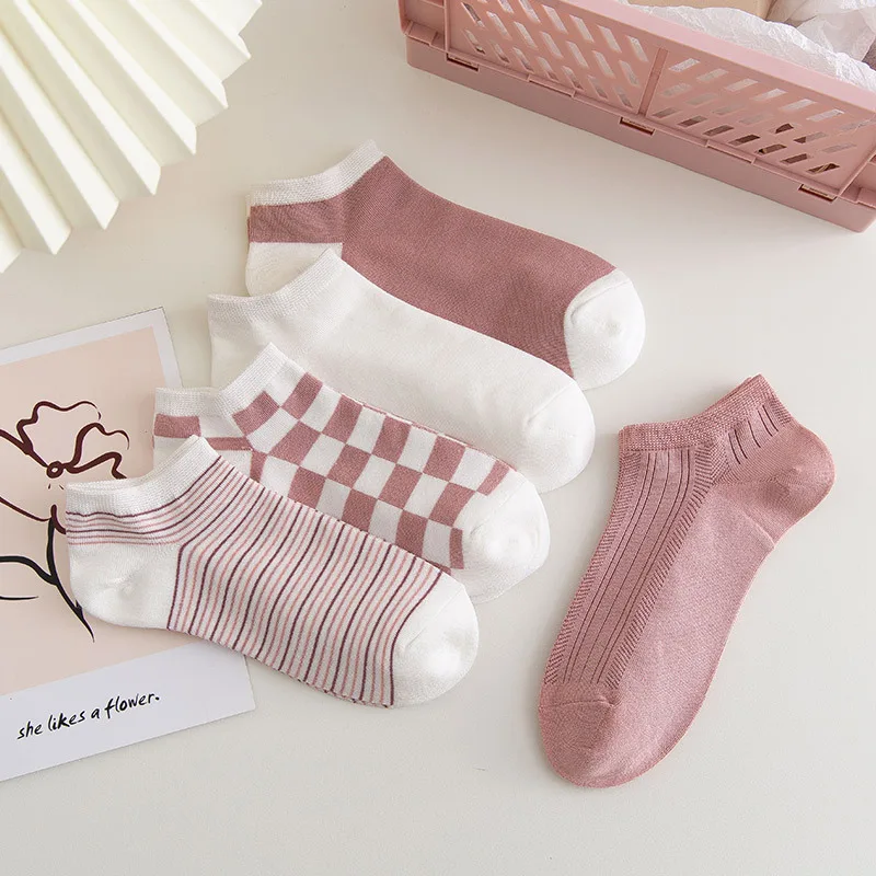 5 Pairs/lot Cotton Fashion Elegant Lovely Pink Women Short Socks Girls Lattice White Low Cut Cute Ankle Sox Spring  Autumn