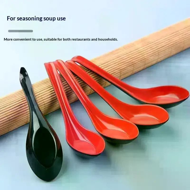 2pcs Japanese Style Drop Resistant Ramen Spoons Long Handle Melamine Red Black for Kids Adult Noodle Soup Eating
