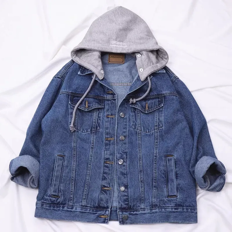 

Vintage Blue Detachable Hooded Denim Jacket Women Loose Casual Cowboy Outerwear Spring Autumn Big Pocket Jeans Jackets Female