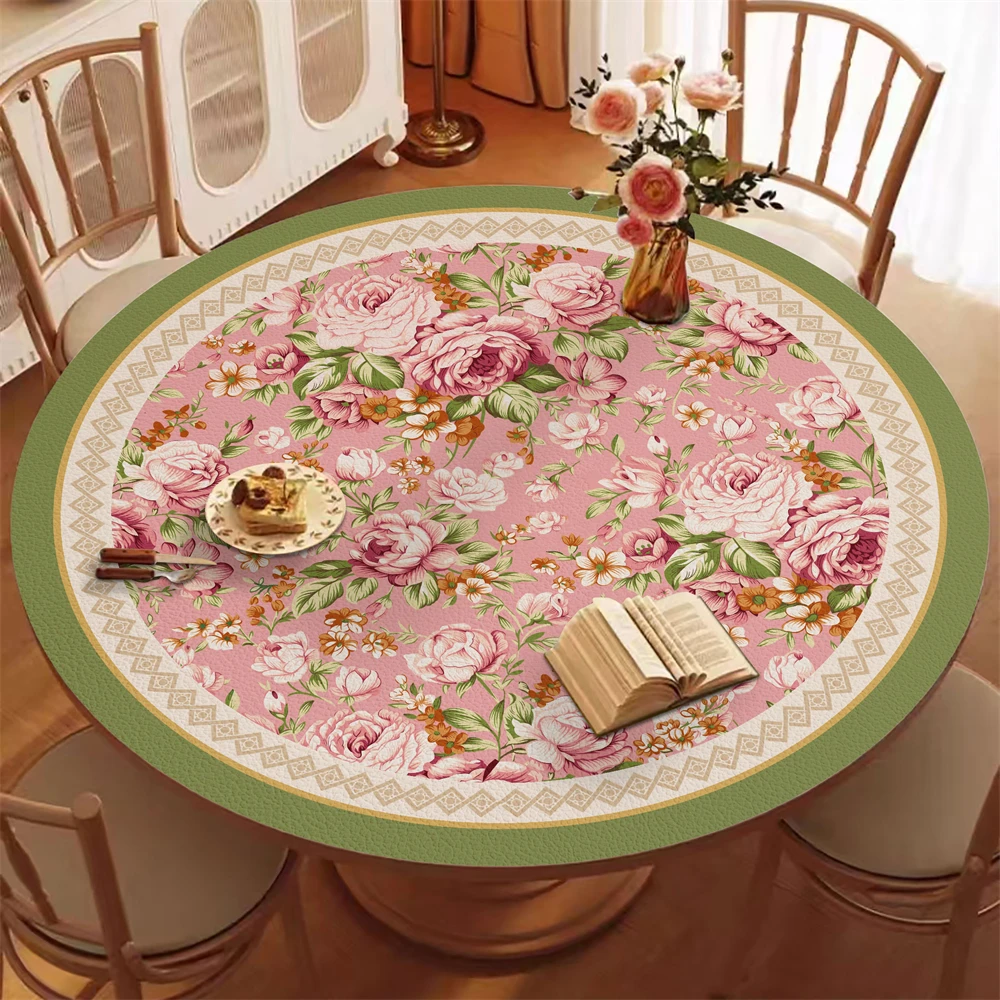 Household Round Table Mat Waterproof Oil-Proof No-Washable Tablecloth Pastoral Peony Printing Coffee Table Top Protective Mat