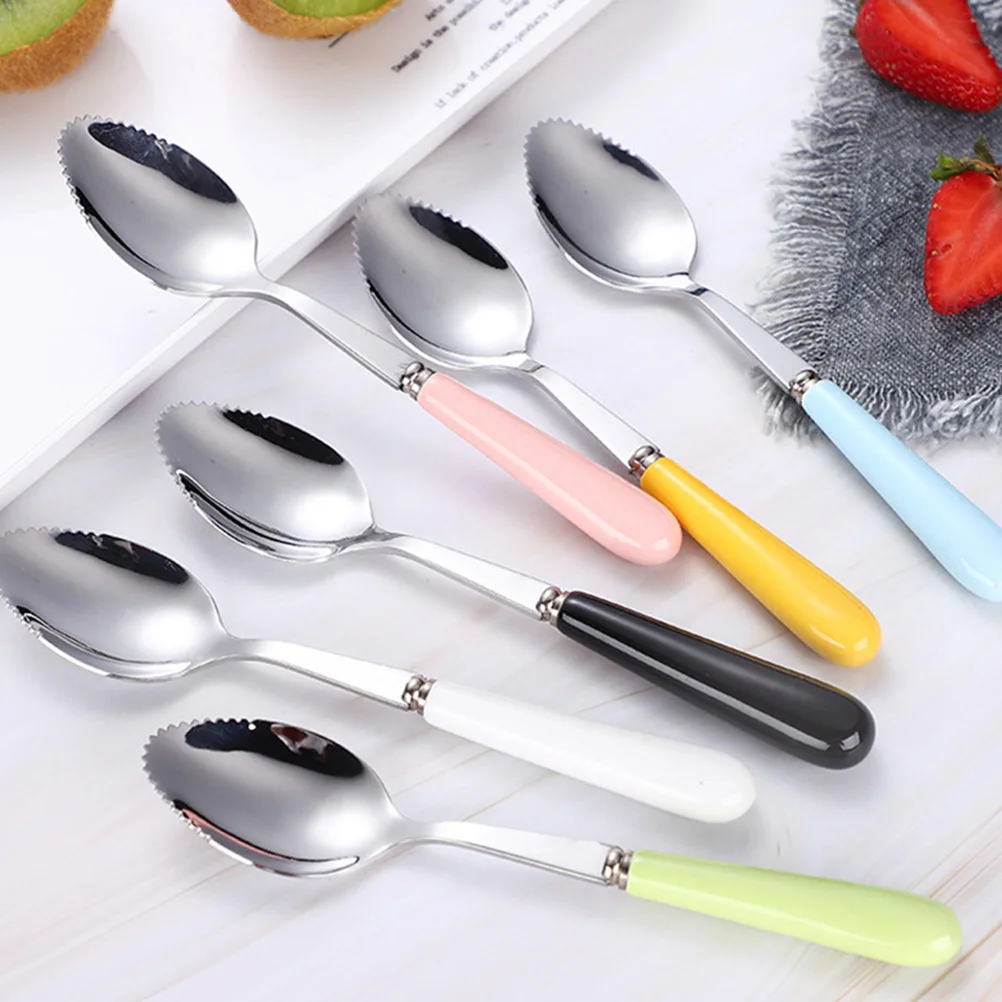 6 قطعة ملاعق تغذية قوية نونسليب كيوي مقاوم للصدأ البطيخ كشط مسننة متعددة الأغراض ملاعق تدريب الطفل
