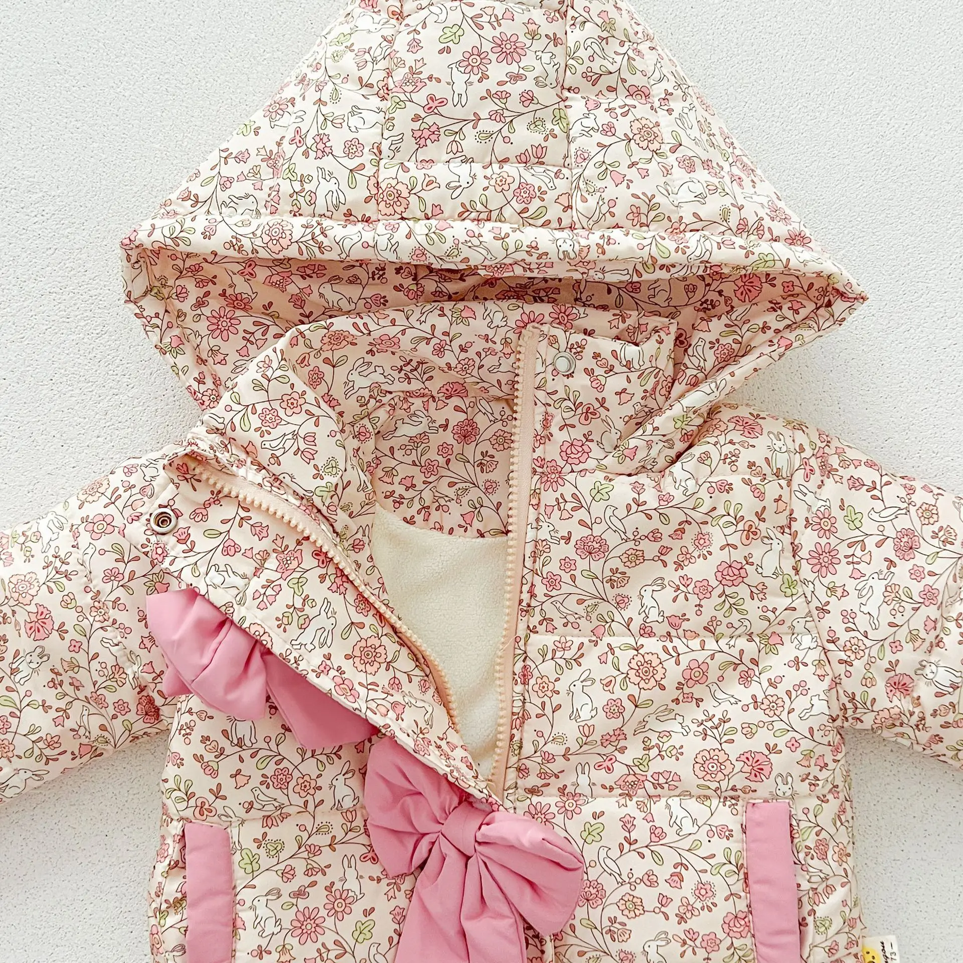 2024 Winter Ins Toddler Girls Parkas Floral Printed Knotbow Hooded Cotton Quilted Baby Girls Coat Infant Girls Jacket