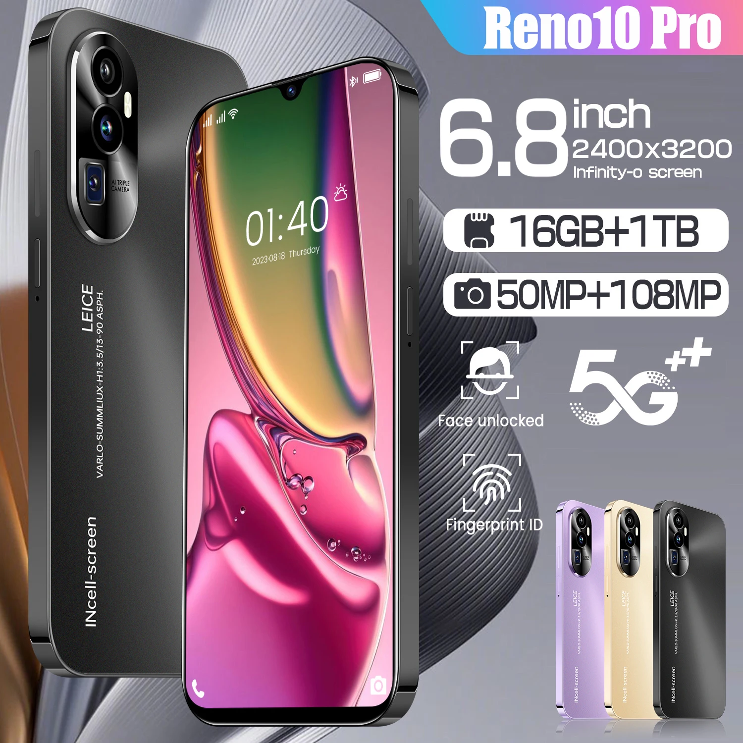 

2025 New Smartphones 16GB+1TB Reno10 Pro Google NFC Celulares 6.8-inch HD 6800mAh 5G WiFi Cell Phones 50MP+108MP Mobile Phones