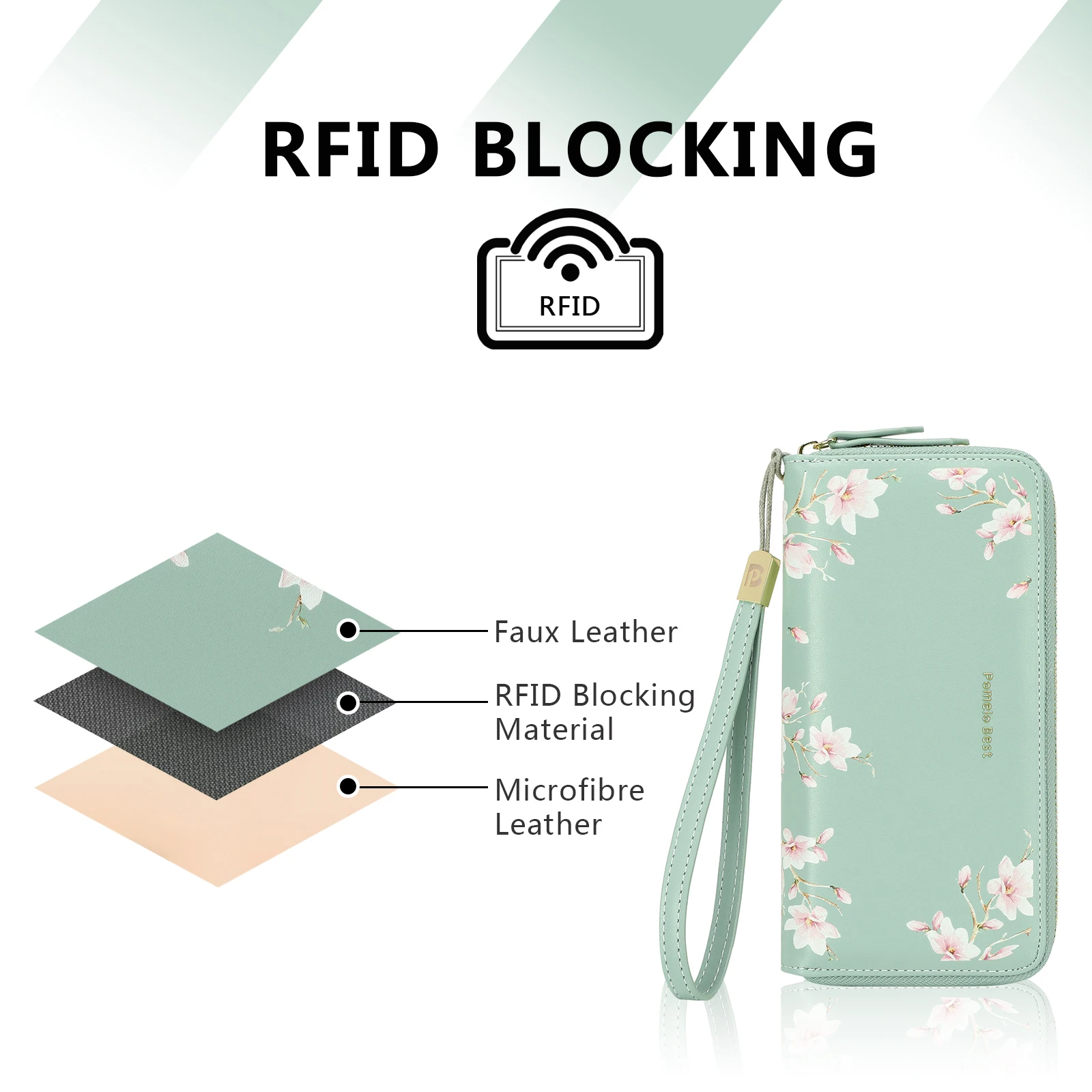 RFID Blocking Leather Multi Credit Card Large Capacity Zip Around Wallets Clutch Wristlet Travel Flower Long Purse for Women