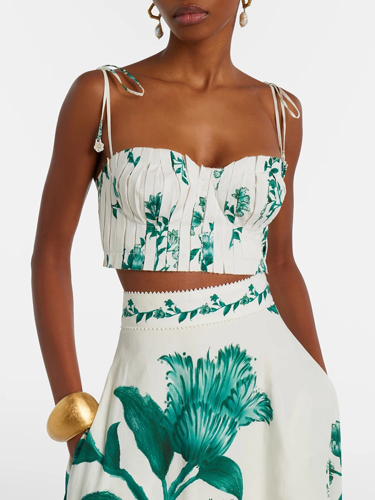 Summer Fashion Beach Style Sexy Floral Print Spaghetti Strap Tops Women's Adjustable Ruched Short Style Slim Tops
