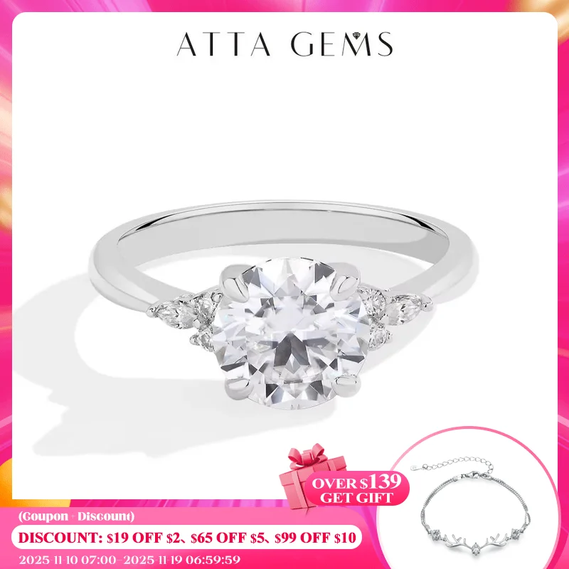 

ATTAGEMS Round Cut 2.0CT Moissanite Rings for Women Solid 10K 14K 18K Au585 Gold Engagement Wedding Jewelry With GRC Certificate