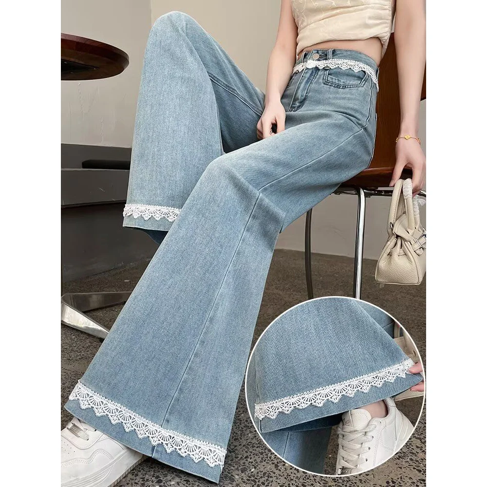 Lace Trim Flare Jeans Women High Waist Denim Pants Vintage Bell‑Bottom Wide Leg Trousers Casual Sweet Fashion Female Bottoms