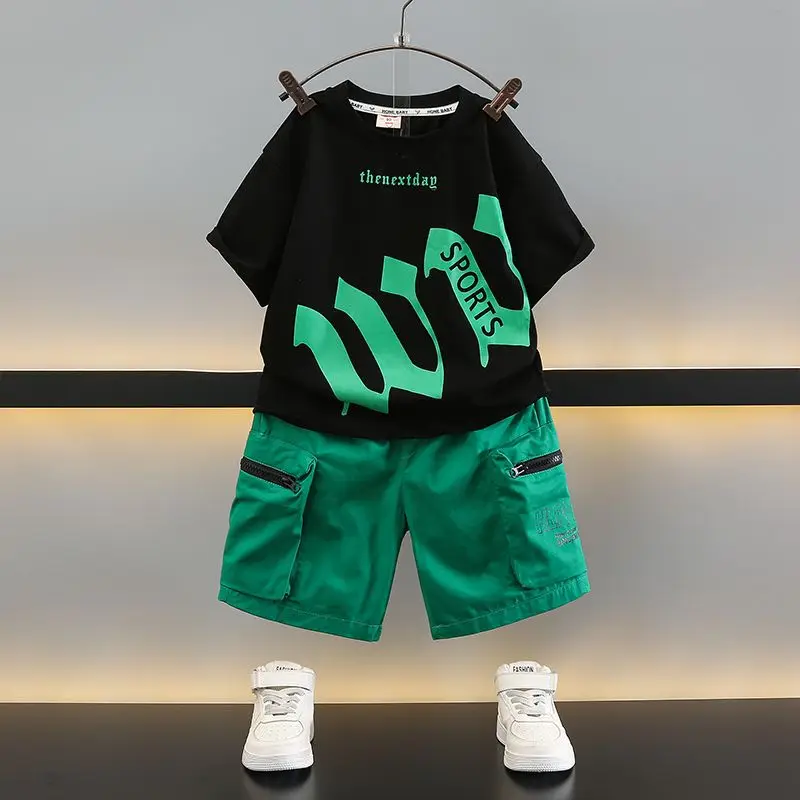

Letter Print Junior Top and Bottom Set Children's Suit for Boy Baby Summer Clothes T-shirts Boys Clothing Tops Shorts Outdoor
