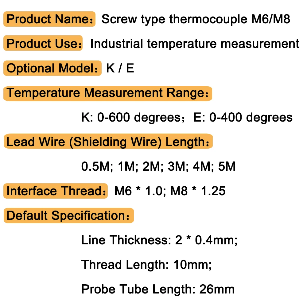 Thermocouple M6 threaded M8 thermal resistance temperature sensor temperature line probe K type E type 0.5M 1M 2M 3M