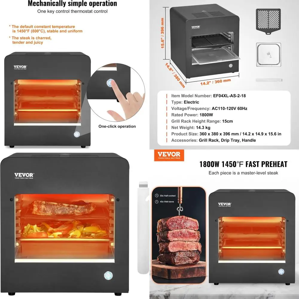 

Инфракрасная электрическая гриль для стейков мощностью 1800 Вт, 1450 ° F Нержавеющая сталь, 6-уровневый регулируемый бездымный тостер для барбекю в помещении