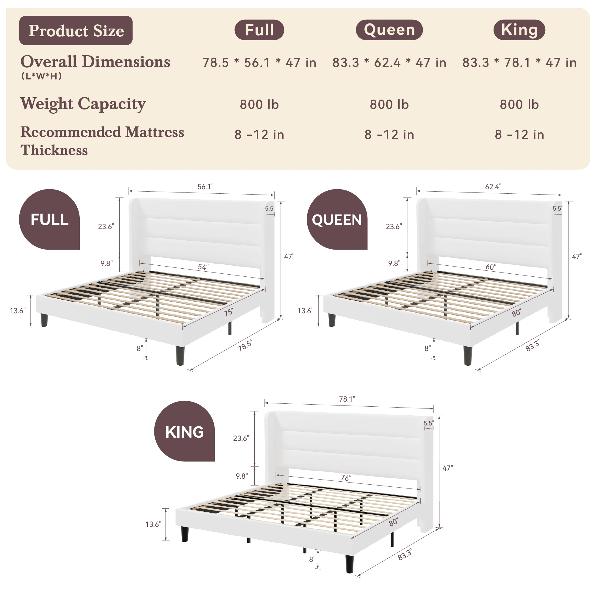 إطار سرير بمنصة كاملة/ملكة/ملك من HOOMIC مع لوح رأسي منجد مخملي، شرائح خشبية قوية، لا حاجة إلى صندوق زنبركي