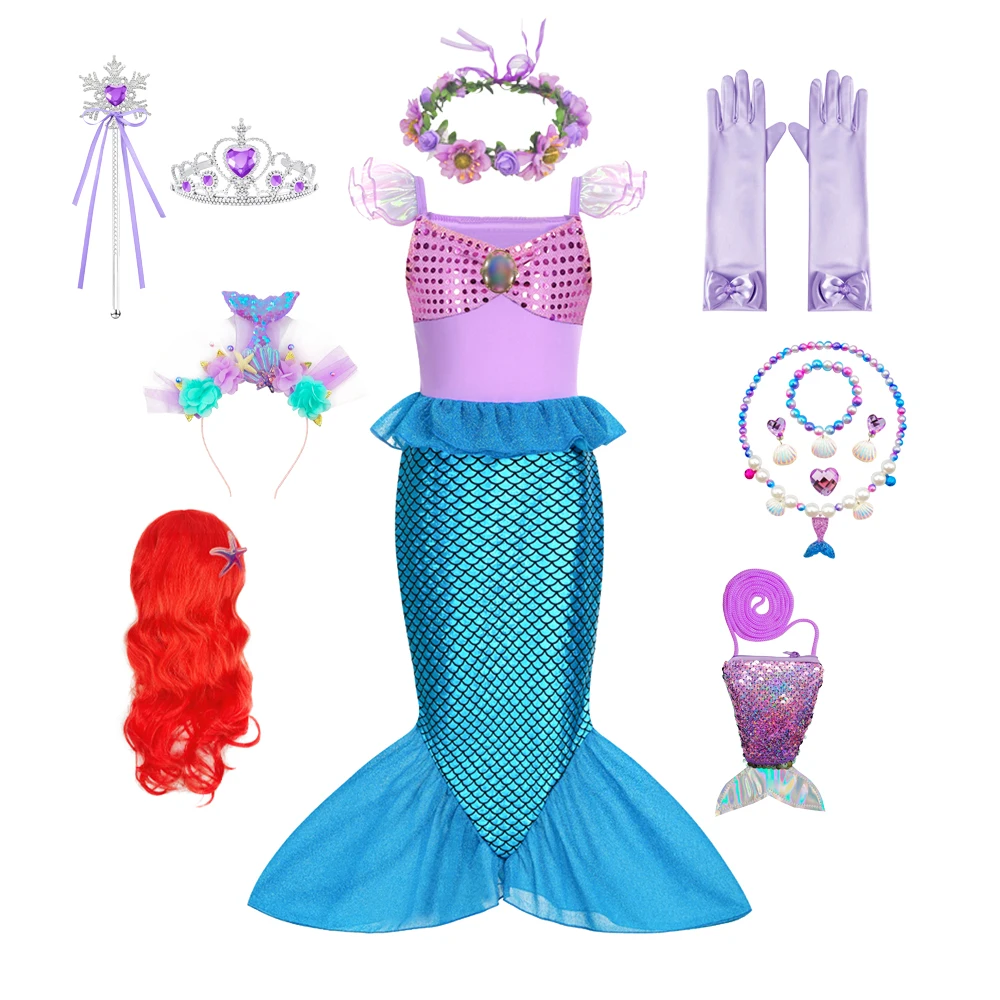 Purple Mermaid Summer Girl Costume Birthday Party Dress Carnival Anime Cosplay Outfits 3-10 Yrs Kids Fantasy Disguise Prom Gown