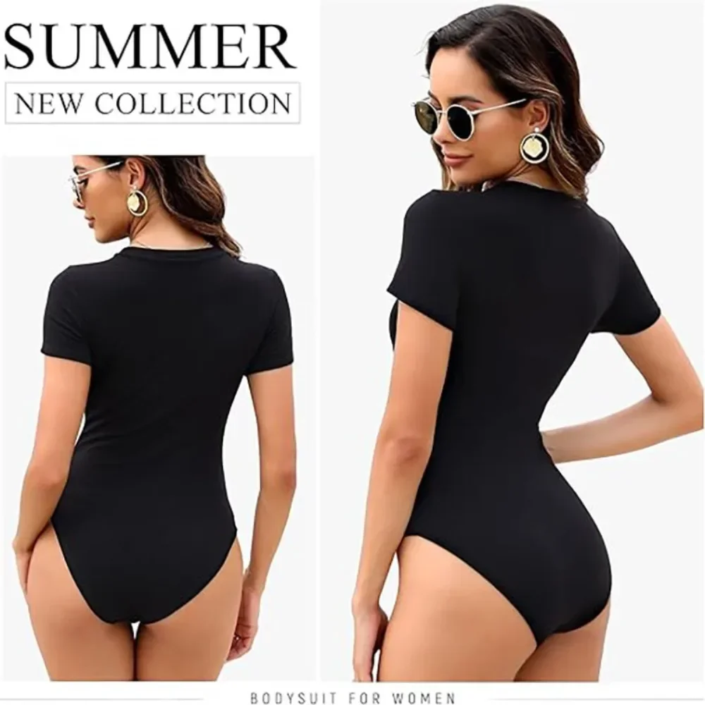 Women Short Sleeve Round Neck Basic Bodysuit Stretchy Slim Fit Flattering Casual Daily Streetwear Comfy