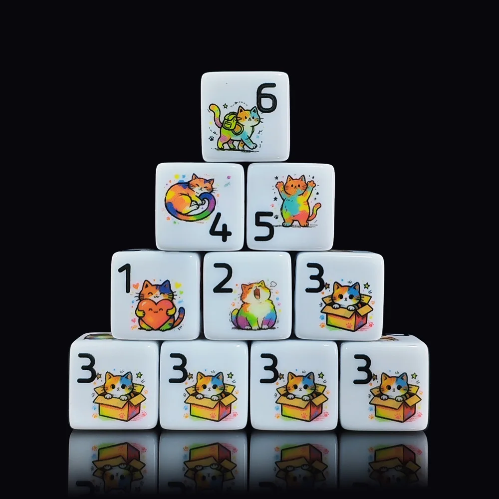 12Pcs 16MM Acrylic Printed D6 Dice Rainbow Cartoon Cat Pattern 6-Sided Square DND Dice Tabletop RPG Board Game Party Accessories
