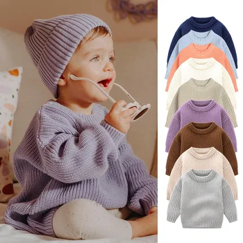 2024 Autumn Newborn Baby Girl Boy Knitted Sweater Long Sleeve Winter Sweater Solid Loose Pullover Casual Tops 3M-6Y Kids Clothes 2