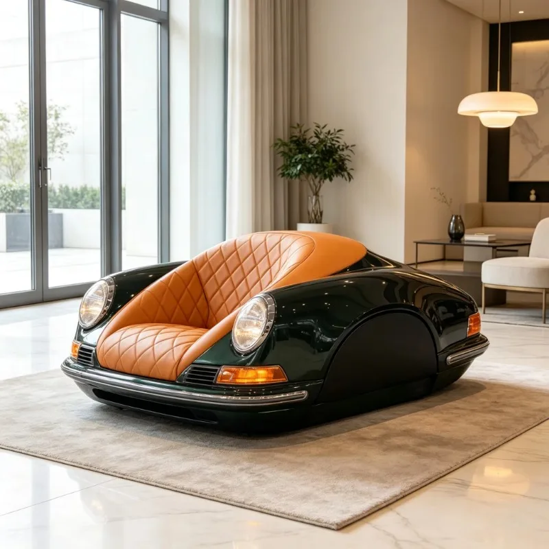 Modern sports car plastic arts chair, glossy dark green wood shell, orange quilted leather interior, for single living room