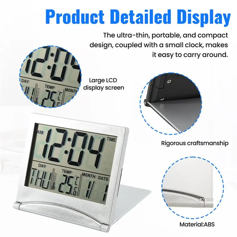 AEE8-2 Pcs Digital Travel Alarm Clock Foldable LCD Clock With Calendar Temperature Snooze Mode Portable Display Desk Clock