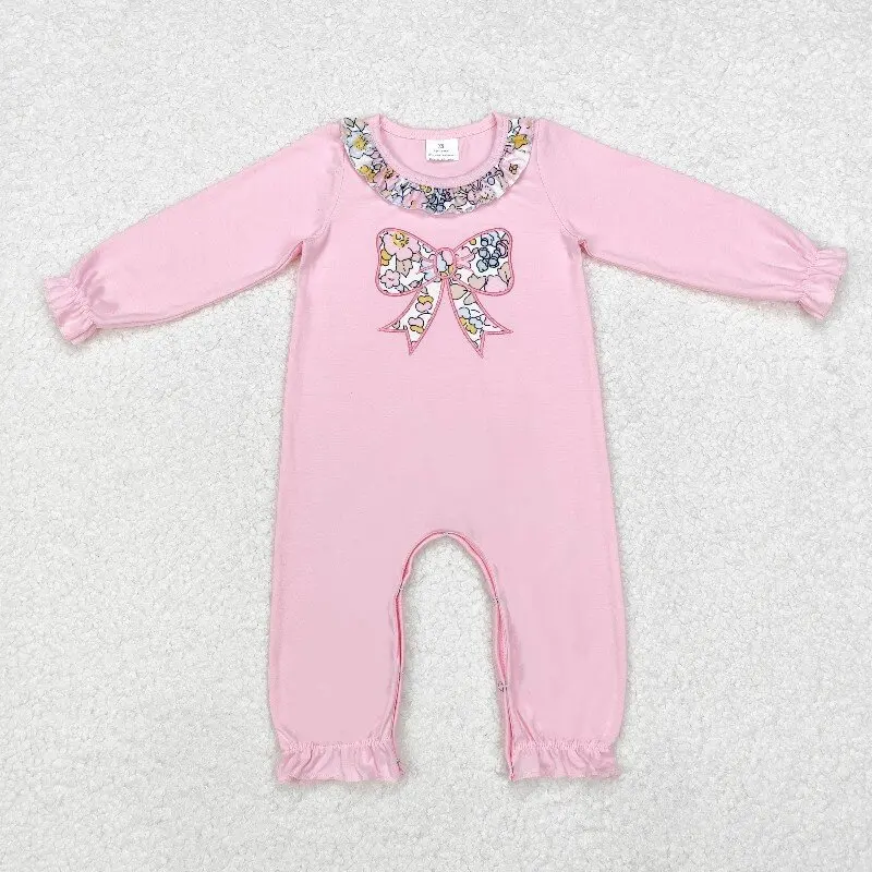 8.18y Winter Girls Baby Romper Wholesale Embroidered Blue Striped Bow Pattern Lace Pink Legless Long Sleeve Onesie