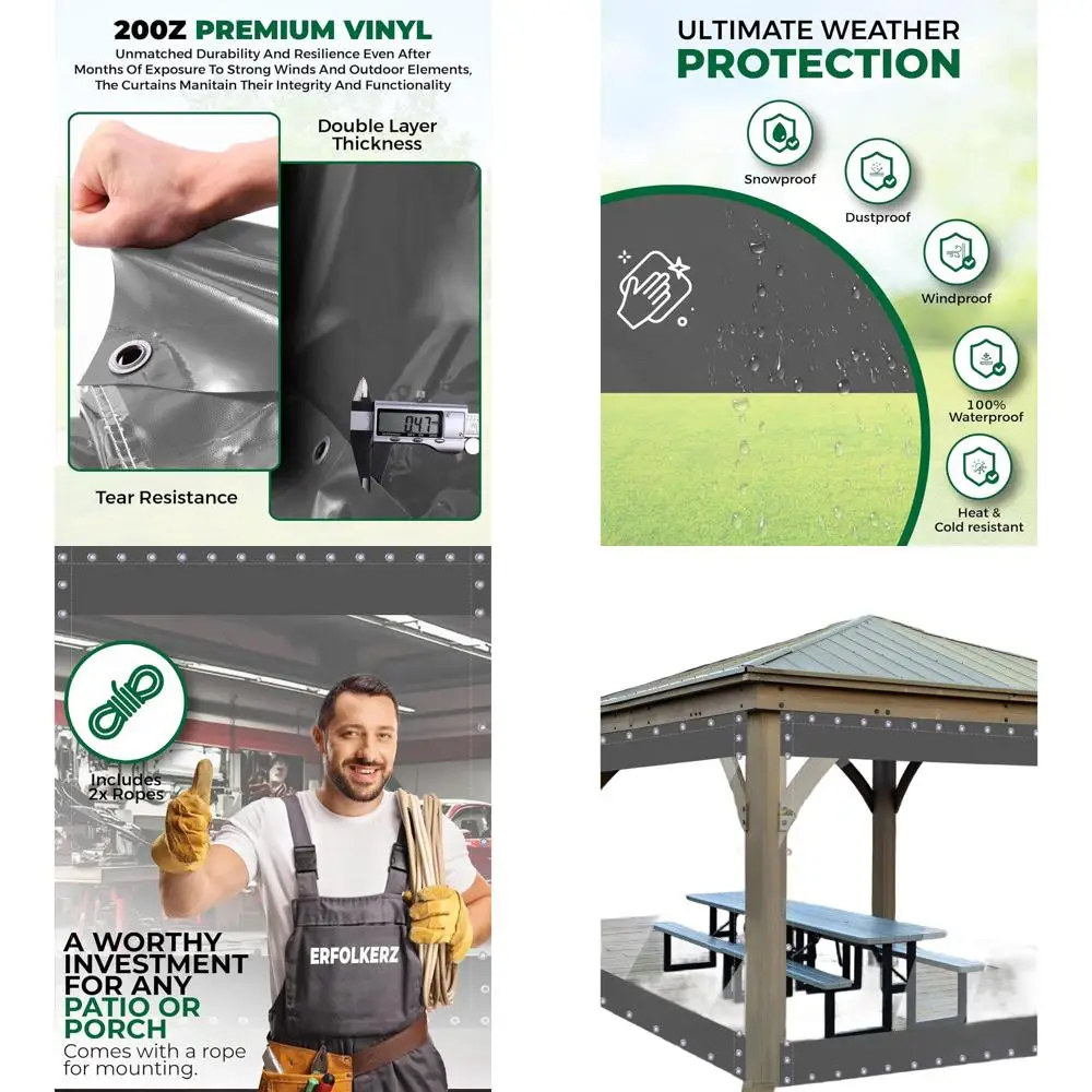 

Водонепроницаемая виниловая штора для патио 10x8 футов, сверхпрочная, с люверсами, для беседки, балкона, перголы