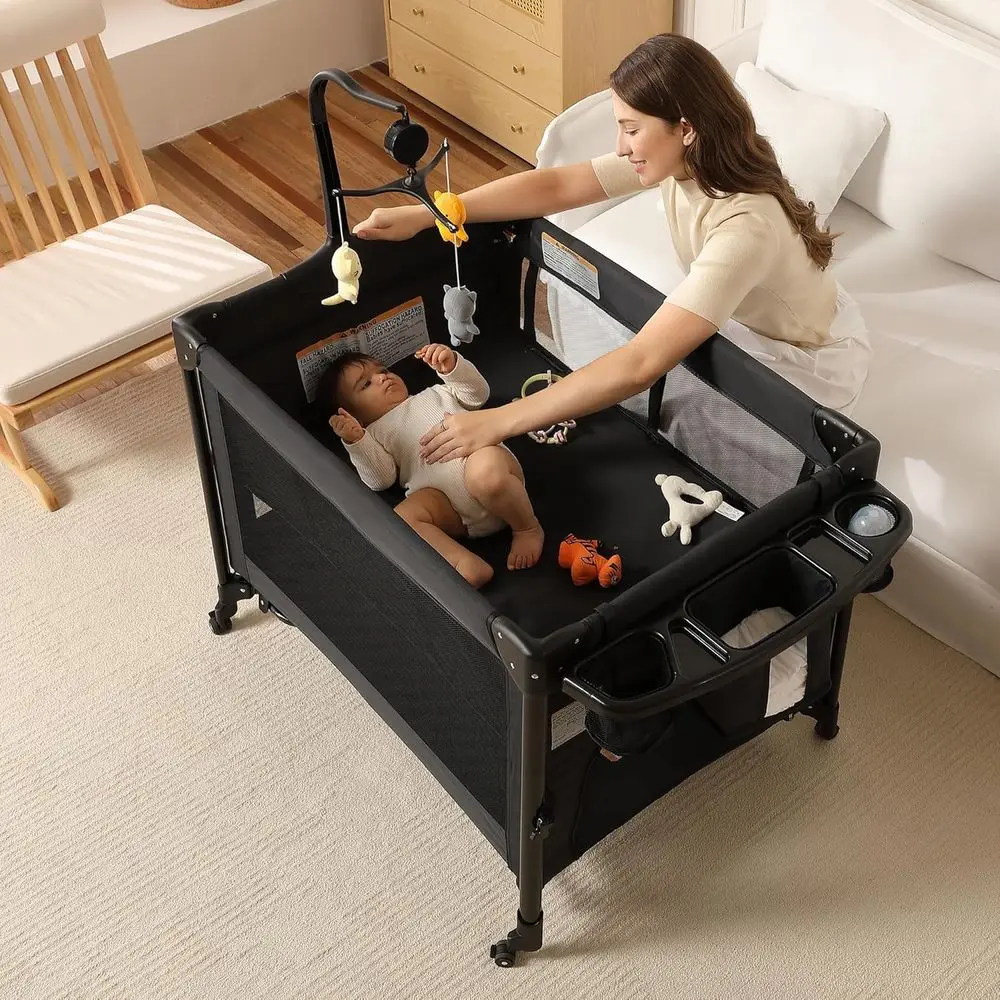 Breathable Mesh Steel Frame Play Yard - Foldable Bassinet, Crib, Changing Table for Newborn to Toddler (Black)