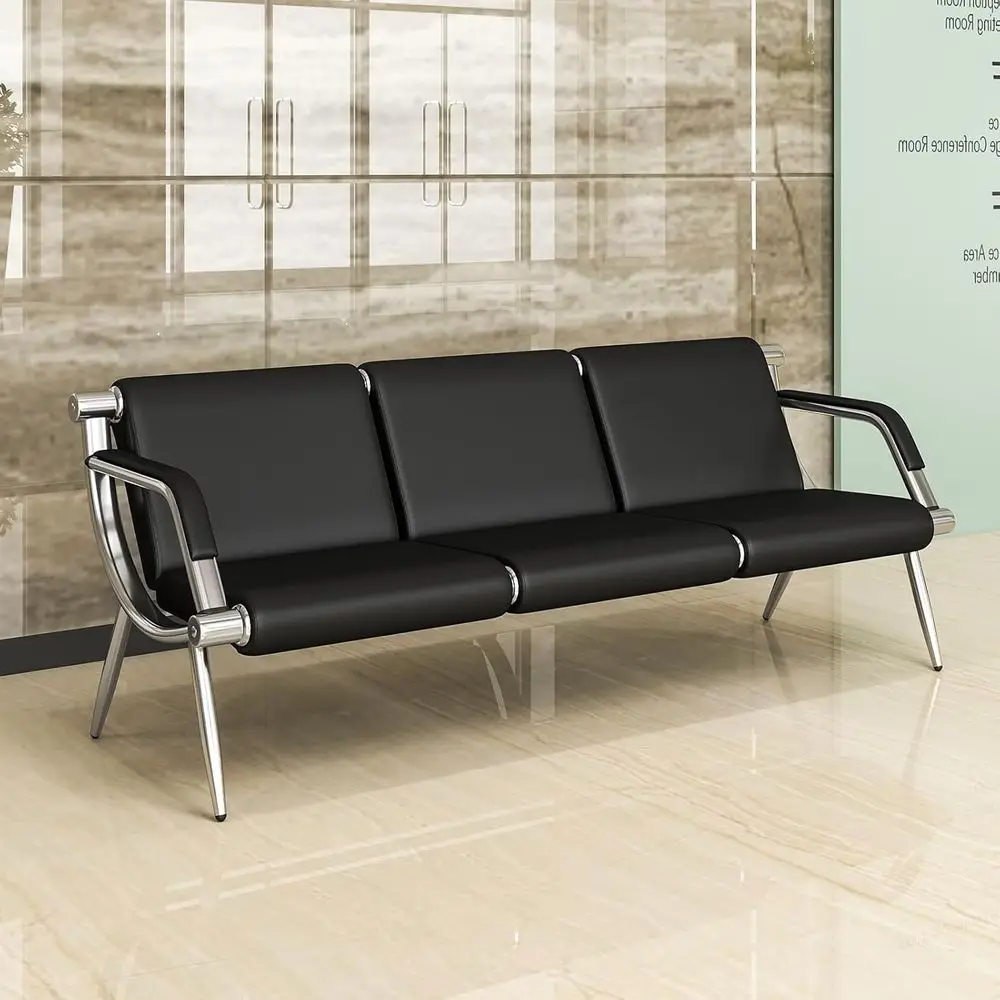 

3-Seat PU Leather Reception Bench with Armrests for Office, Airport, Hospital, and Bank, Black