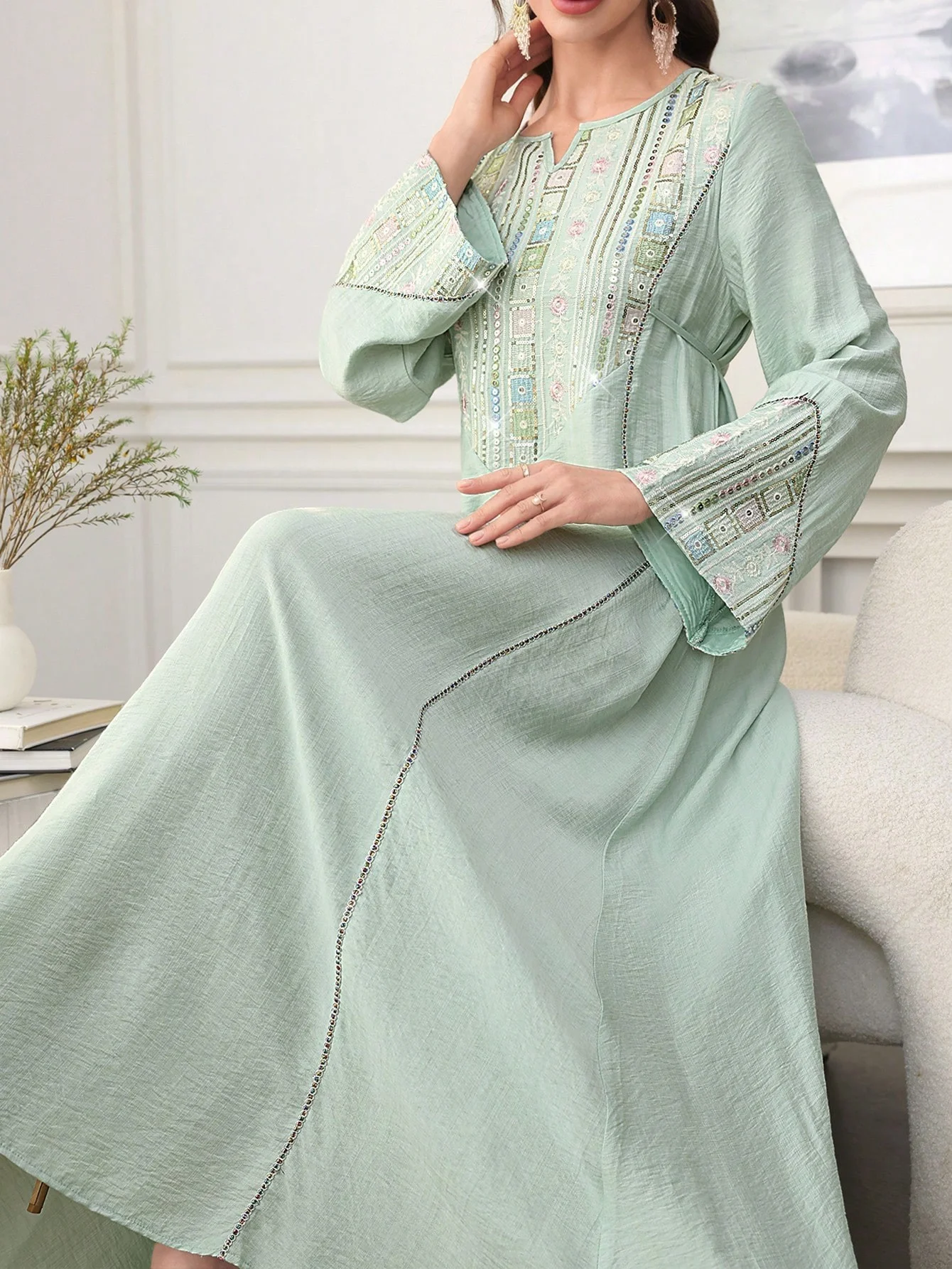 2025 New Light Green Muslim Abaya Exquisite Sequin Embroidered Neckline and Cuffs Perfect for Middle Eastern Semi Formal Events