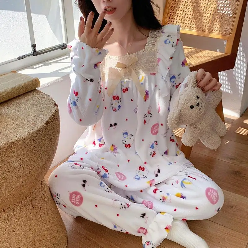 Hellokitty Cute Princess Style Pajamas Loungewear Cartoon Pochacco Winter Coral Fleece Square Collar Home Wear Nightshirt Suit