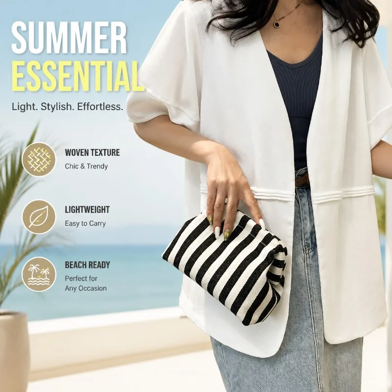 

2026 New Mommy Bag Summer Woven Crochet Beach Clutch Handbag Casual Colorblock Ruched Cloud Purse for Women