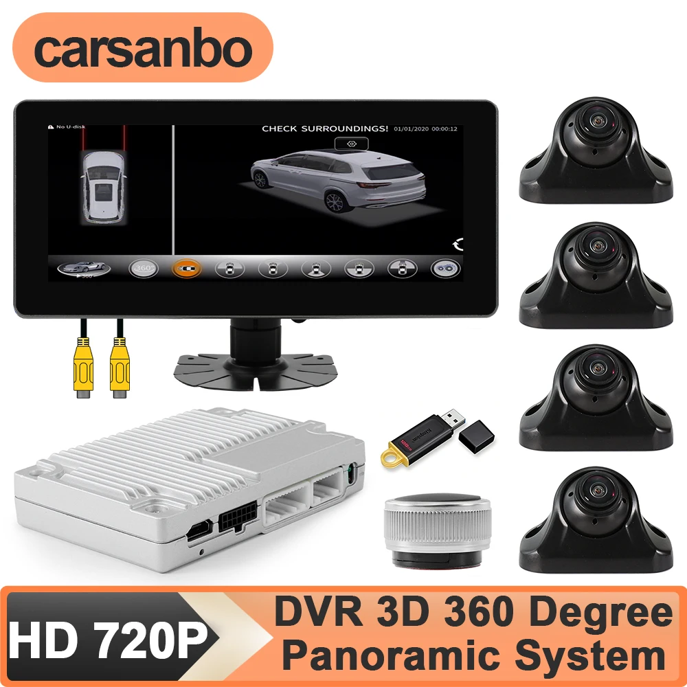 Carsanbo 360° Panoramic AHD 720P Car Camera and 4 Way Control Box Surround View System with 7