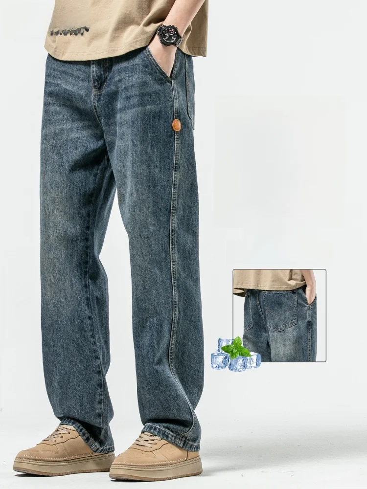 

American Sle Straight Leg Jeans Men's Summer New Vintage Casual Faion Loose Waed Cotton Polyester Blend Breathable