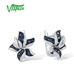 VISTOSO Genuine 14K 585 White Gold Earrings For Women Sparkling Diamond Sapphire Elegant Blue Lily Flower Trendy Fine Jewelry