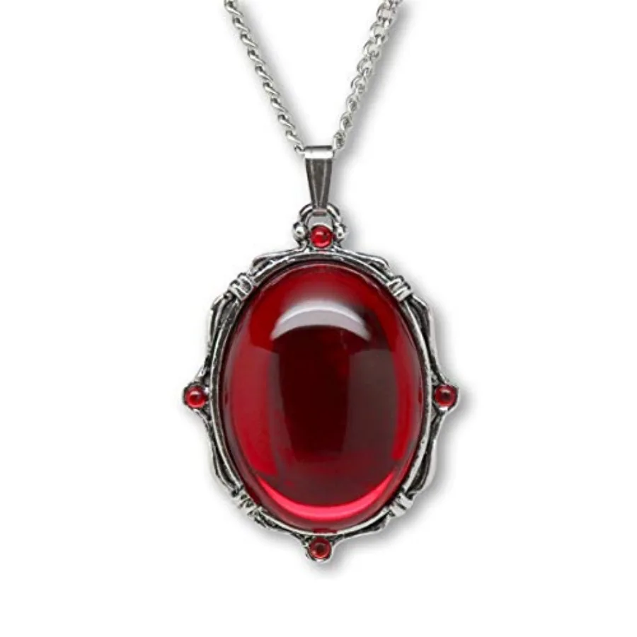 

Real Metal Blood Red Oval Stone In Silver Finish Pewter Frame Pendant Necklace