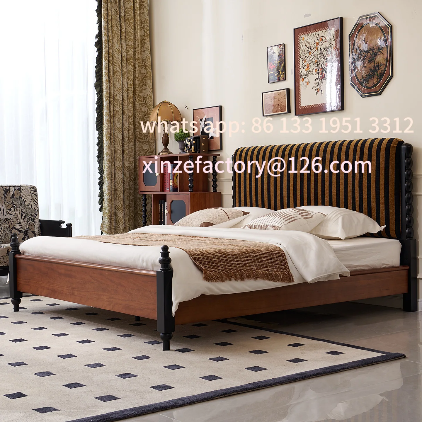 

Customizable French medieval solid wood American retro 1.8m bed bedroom furniture smoked simple bed