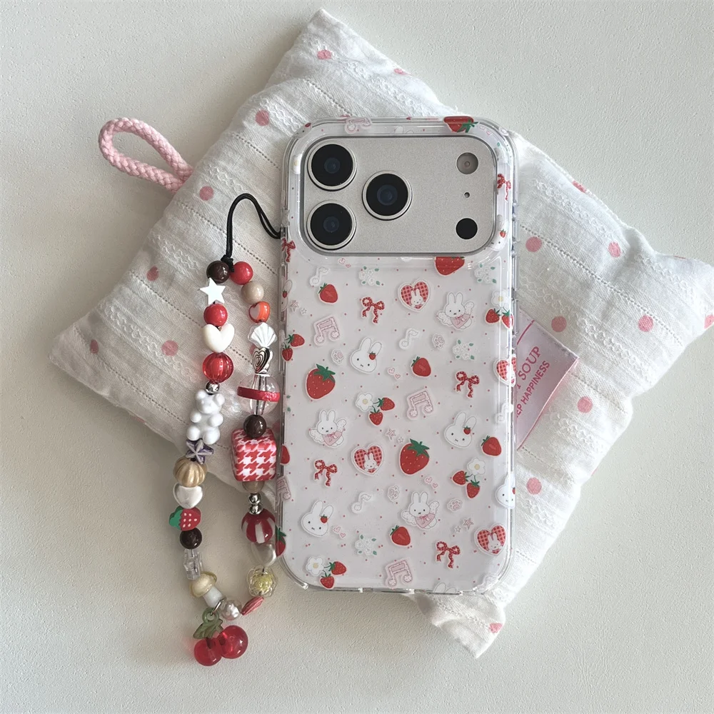 Niedliche Erdbeer-Kaninchen-Handyhülle für iPhone 17 14 15 Pro 16 Pro Max – Polka Dots Cartoon Stoßfeste Schutzhülle mit Scharnier – Detail 4